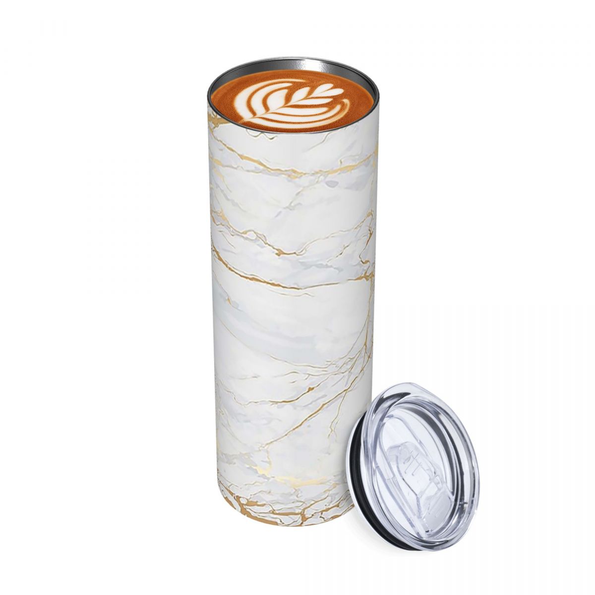 Tumbler 20Oz White - แก้วสแตนเลสสีขาวและสีทองลายหินอ่อน แก้วเก็บความเย็นสุญญากาศพร้อมฝาปิดและหลอด ขนาด 20 ออนซ์